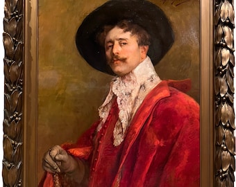Alex de Andreis, Oil on Canvas Painting - Cavalier in Red with Walking Stick