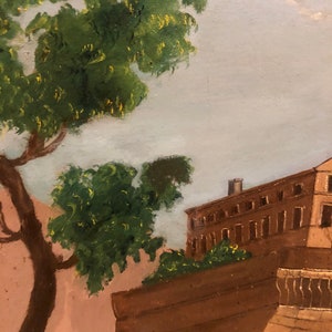May include: A painting of a building with a brown roof and a green tree in the foreground. The sky is blue with white clouds.