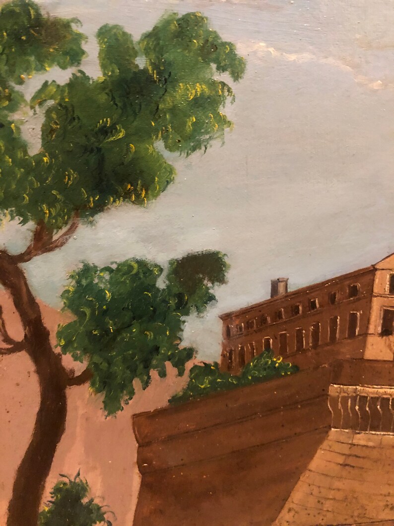 May include: A painting of a building with a brown roof and a green tree in the foreground. The sky is blue with white clouds.