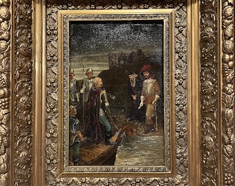 English School, Oil on Tin Painting of Soldiers Landing on Shore Dated 1885