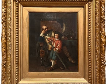 English School 19th Century Oil on Canvas Painting of a Knight with his Son "Admiring the Sword"