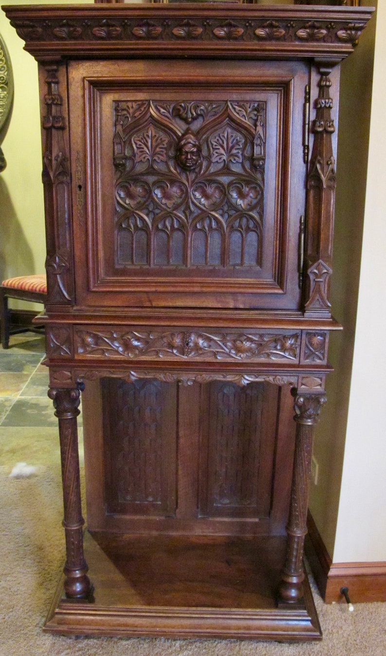 Gothic Revival Carved Oak Single Door Cabinet with Drawer