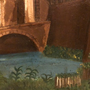 May include: A painting of a bridge over a blue river with green foliage and a brown building in the background.