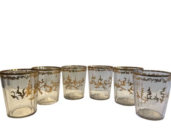 Set of Six Venetian Gilt Decorated Fluted Crystal Glass Tumblers 19th or earlier