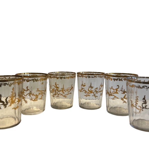 Set of Six Venetian Gilt Decorated Fluted Crystal Glass Tumblers 19th or earlier