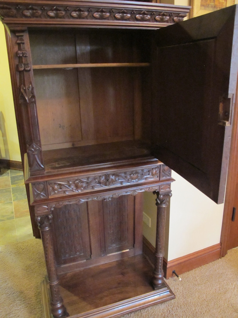 Gothic Revival Carved Oak Single Door Cabinet with Drawer