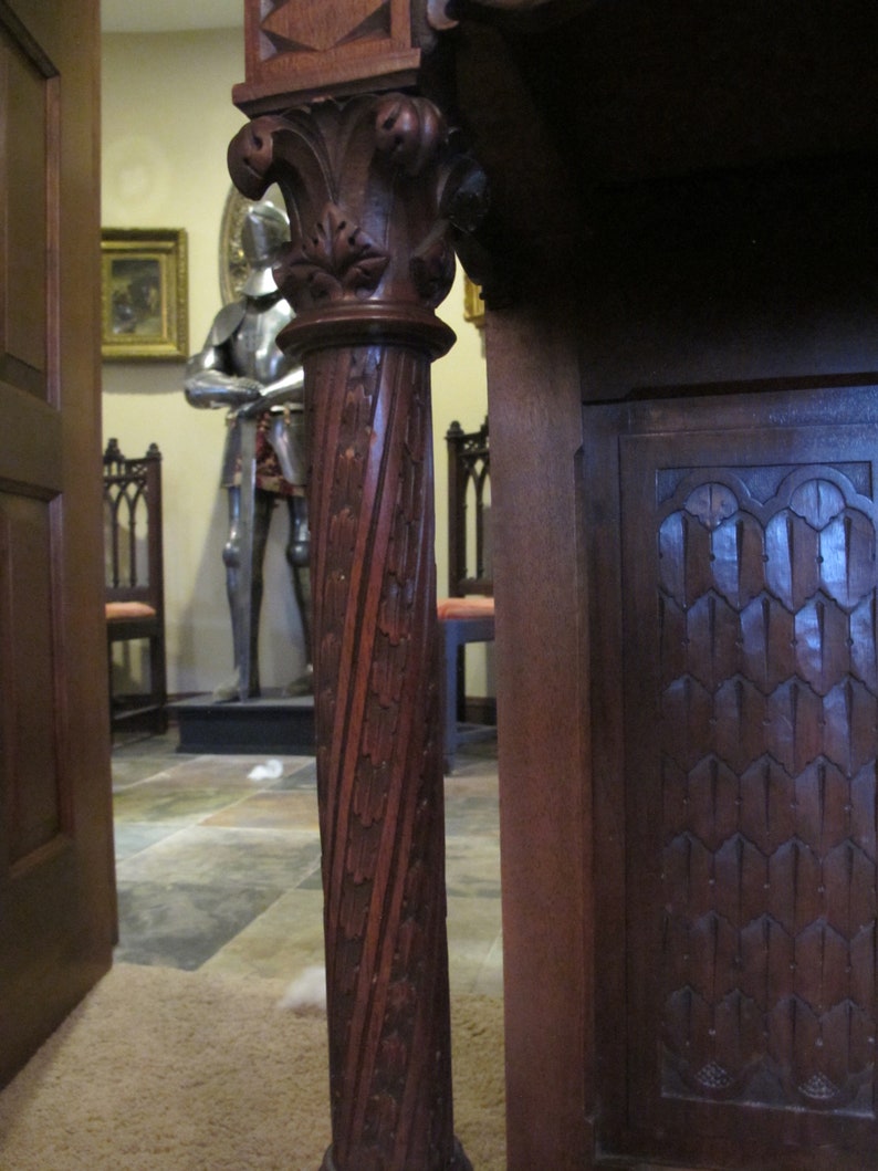 Gothic Revival Carved Oak Single Door Cabinet with Drawer