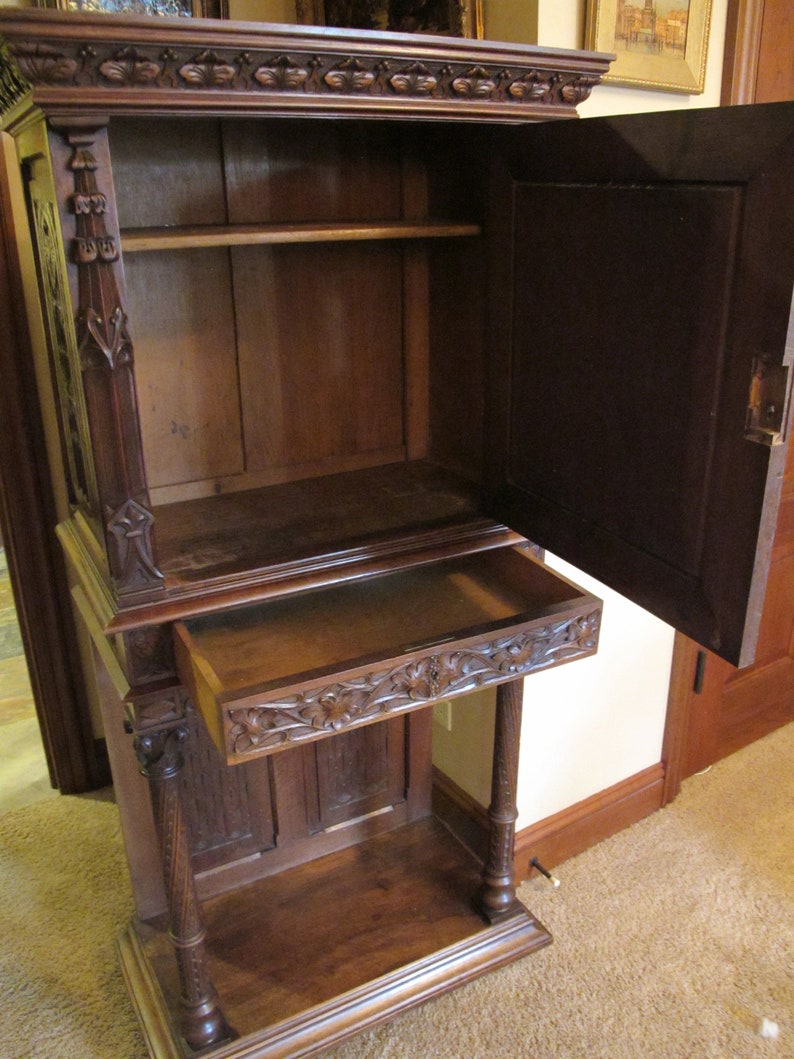 Gothic Revival Carved Oak Single Door Cabinet with Drawer