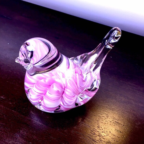 Vintage Glass Bird Paperweight,Joe Rice Hand Blown Art Glass Bird, Pink