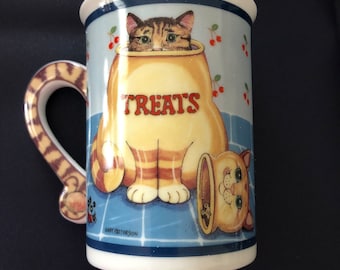 Comical Cat Coffee Mugs, Whimsical Tail Handle, NIB Pair