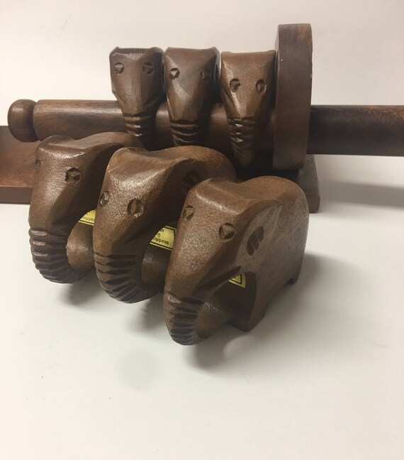 Vintage Hand Carved Wood Elephant Napkin Ring Holders and Stand
