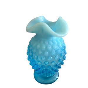 Fenton Blue Opalescent Hobnail Ruffled Edge Vase