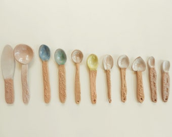 Small handmade pottery spoons tiny ceramic embossed handle condiment spoons salt and spice scoops heart spoon