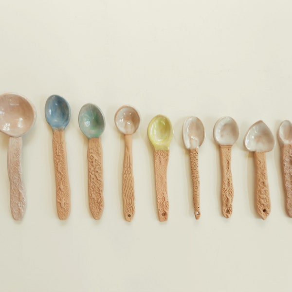 Small handmade pottery spoons tiny ceramic embossed handle condiment spoons salt and spice scoops heart spoon