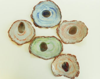 Ceramic wall hanging discs group of 5 pieces geode like glass center pottery wall art rough edge clay