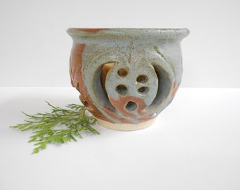 Votive holder or incense holder pierced carved pottery handmade ceramic candle holder