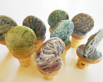 Wine stopper pottery embossed ceramic wine cork bottle stopper clay beer stopper hostess gift stocking stuffer