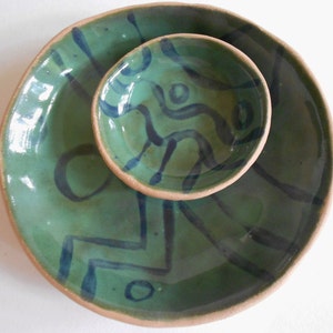Organic small pottery bowl set of 2 sauce bowls handmade ceramic bowl set in teal green with geometric design image 2