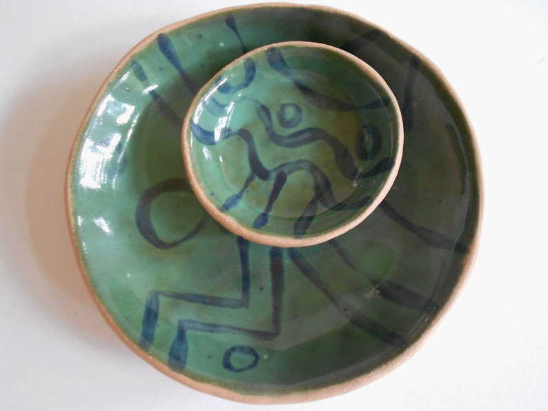 Organic small pottery bowl set of 2 sauce bowls handmade ceramic bowl set in teal green with geometric design image 2