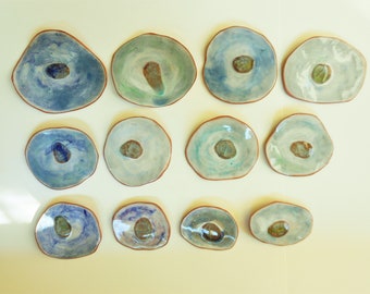 Ceramic wall art  hanging discs modern pottery wall art cracked glass center bowls contemporary pottery round wall tiles glass center clay