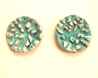Ceramic wall art set of 2 aqua textured discs