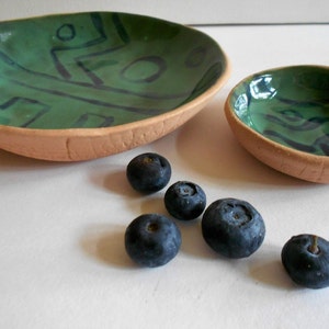Organic small pottery bowl set of 2 sauce bowls handmade ceramic bowl set in teal green with geometric design image 5