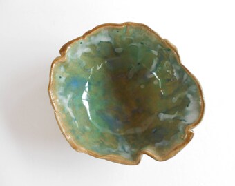 Organic pottery bowl rustic ceramic bowl scalloped raw edge elemental pottery green aqua dish