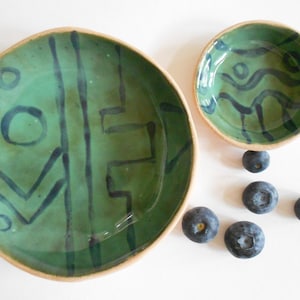 Organic small pottery bowl set of 2 sauce bowls handmade ceramic bowl set in teal green with geometric design image 1