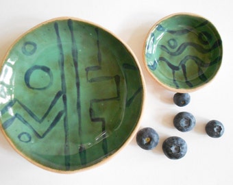 Organic small pottery bowl set of 2 sauce bowls handmade ceramic bowl set in teal green with geometric design