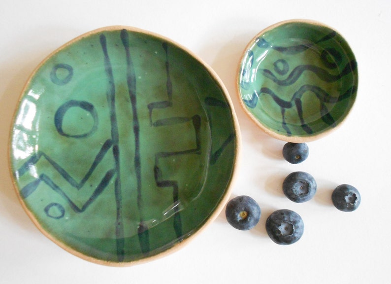 Organic small pottery bowl set of 2 sauce bowls handmade ceramic bowl set in teal green with geometric design image 1