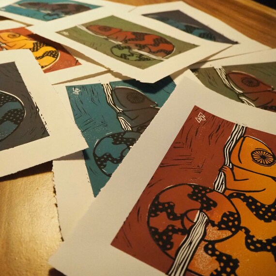 Chameleon handmade art print Linocut Art & Collectibles Wood & Linocut ...