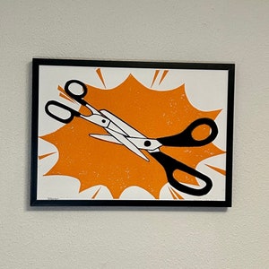 Scissors orange - handmade linocut art print