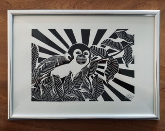 Monkey Handmade art print Linocut