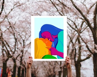 Kiss me - poster print illustration lesbian couple