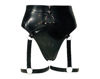May include: Black high-waisted latex garter belt with a ring detail and adjustable straps.