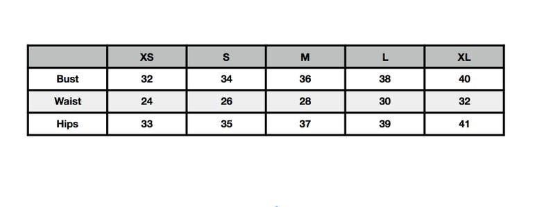 May include: Size chart showing bust, waist, and hip measurements in inches for sizes XS, S, M, L, and XL.