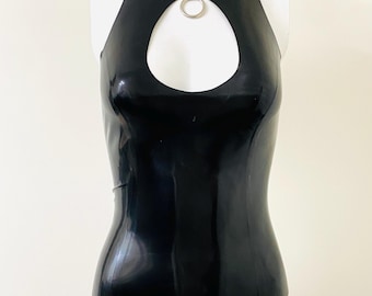 May include: A black latex bodysuit with a high neckline and a keyhole cutout at the chest. The bodysuit has a silver ring at the neckline.