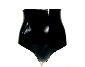 May include: Black high-waisted underwear made of shiny latex.