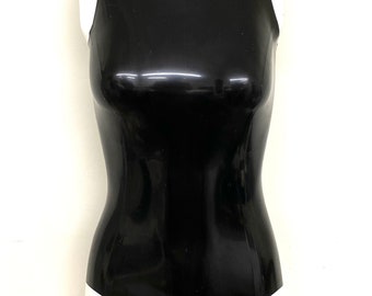 May include: A black sleeveless bodysuit made of shiny latex.