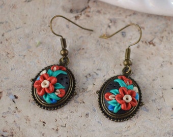 red flowers earrings polymer clay & metal jewelry handmade romantic gift for women, floral jewelry boho Earrings christmas gift for sister