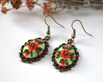 Tender earrings polymer clay with pink red flowers, Delicate jewelry folk art vintage style, floral earrings for womens gift idea, Boho gift