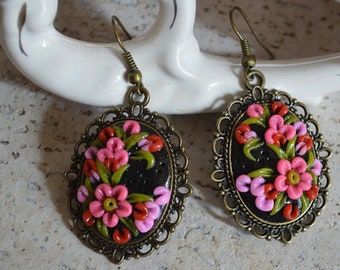 Pink flower earrings for girl, pink and black jewelry handmade flower jewelry, Gift idea earrings  for daughter gift for her art Pink gift