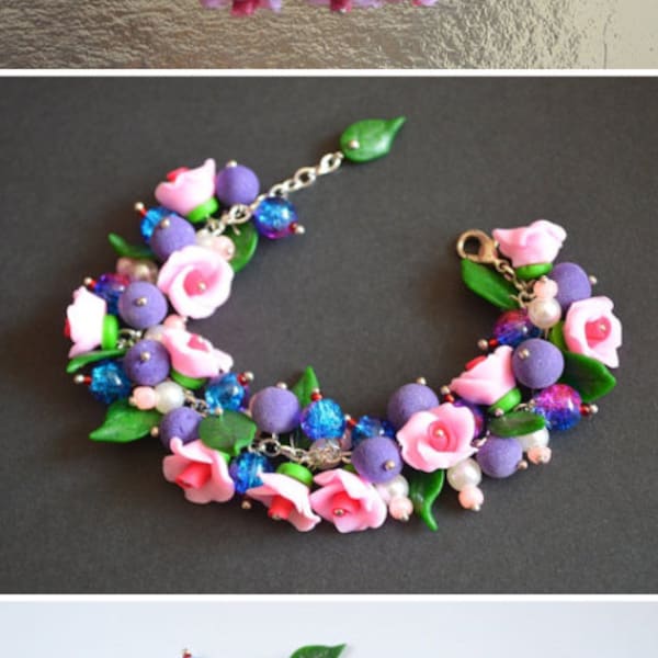 Pink bracelet for her floral Gift for girls summer jewelry roses, Charm bracelet birthday gift Jewelry boho  gift for women sister gift idea