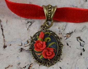 red rose flowers choker pendant necklaces Velvet, womens gift charm friendship necklace boho, sister gift polymer clay jewelry, nature gift