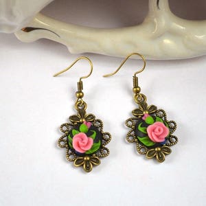 polymer clay pink Rose earrings Floral Jewelry for women, New year earrings Folk boho Nature Gift for girlfriend Rose lover gift garden fall