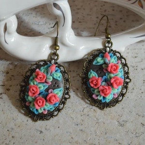 polymer clay flower earrings Dangle Drop pink roses Earrings handmade Jewelry floral, Christmas gift idea for her, botanical earrings garden