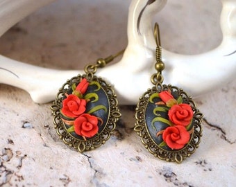 red roses earrings polymer clay jewelry romantic womens gift holiday gift ideas for Girl, cocktail earring teacher small gift Garden floral