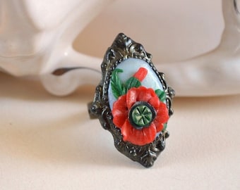 Red Poppy Ring Polymer Clay Jewelry handmade, Romantic Floral Ring Beautiful gift idea for her Boho retro Jewelry vintage style ring womens