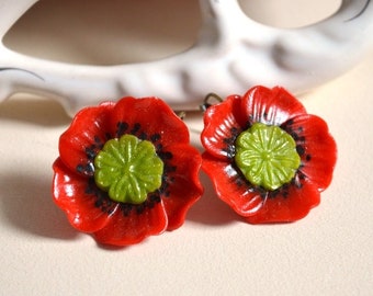 Red Poppy earrings Polymer clay Flower Jewelry floral Nature lover gift idea for her, poppies boho gentle earrings Romantic handmade gift