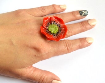 Red Poppy Ring Polymer clay Red Flower Jewelry floral ring Nature jewelry gift idea for her gentle ring Romantic handmade poppy gift for mom